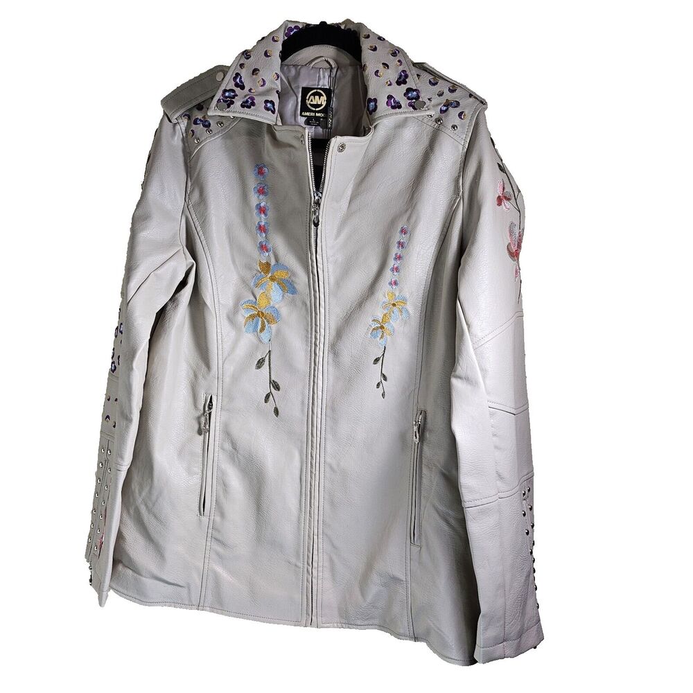 AMERI MODE Faux Leather Jacket  Cream with Studs & Embroidered Flowers  Sz L NWT